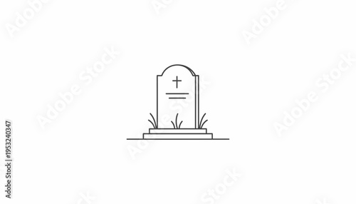 Simple Line Art Gravestone Icon with Cross and Grass
