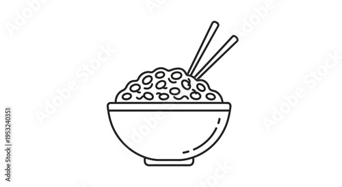 Simple Line Art Icon of a Bowl of Rice with Chopsticks - Asian Food and Cuisine Concept