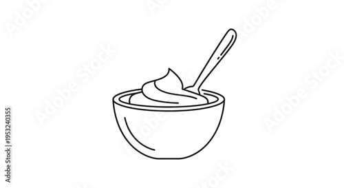 Simple Line Art Icon of a Bowl of Creamy Food with a Spoon