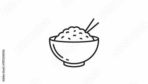 Simple Line Art Icon of a Bowl of Rice with Chopsticks, Asian Food Symbol