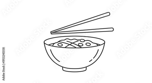 Simple Line Art Icon of a Bowl of Noodles with Chopsticks
