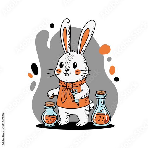 Cute Cartoon Rabbit Alchemist with Potions and Beakers.
