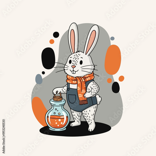 Cute Cartoon Rabbit Wearing Scarf Holding Potion Bottle.