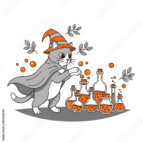 Cute Cat Wizard Brewing Potions with Magical Ingredients.