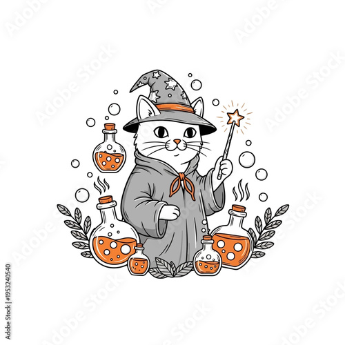 Cute Cat Wizard with Magic Wand and Potions.
