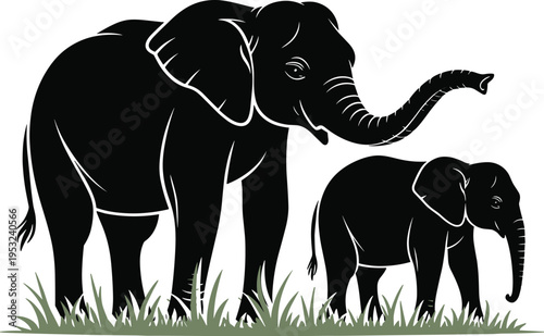Elephant silhouette vector illustration mother and baby wildlife animal family nature safari design element decorative grass scene graphic clipart