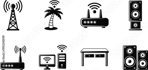 Vector icon set of black silhouettes depicting wireless communication, featuring Wi-Fi routers, radio towers, desktop computers with signals, and audio speakers, technology collection.