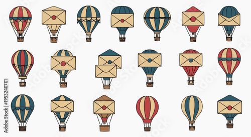 A vintage hot air balloon collection with attached envelopes. The balloons showcase classic designs and colors, perfect for themes of communication and travel