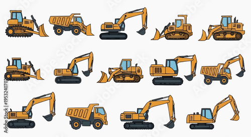 A Collection of Construction Vehicles in various positions and designs