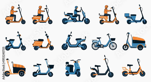 A collection of various scooter designs with riders, ideal for transport and mobility. Showcasing different styles and features of scooters for urban commutes and personal transportation