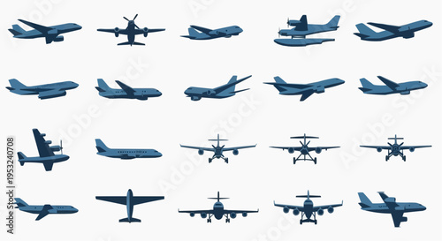 Collection of diverse airplanes in flight, showcasing various models and perspectives