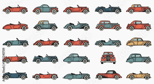 Vintage cars collection in an array showcasing the evolution of automobile design over time