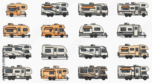 Assortment of modern RVs, showing a variety of motorhome designs and colors, perfect for travel and adventure.