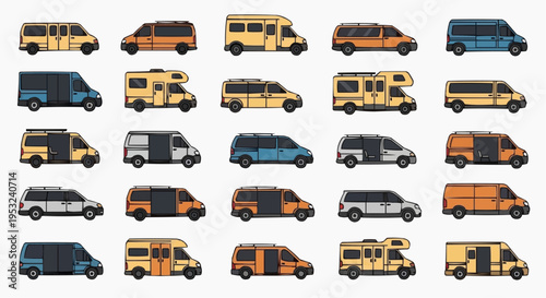 Variety of vans and campers collection in various colors and designs