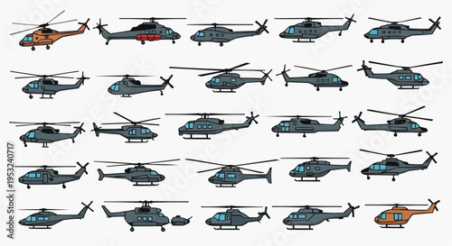 A collection of numerous helicopters in various designs and angles