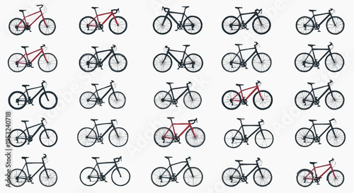 A grid of various bicycles in different colors, ideal for cycling, commuting, and leisure activities. They are arranged in an organized pattern, suggesting a collection or variety of choices
