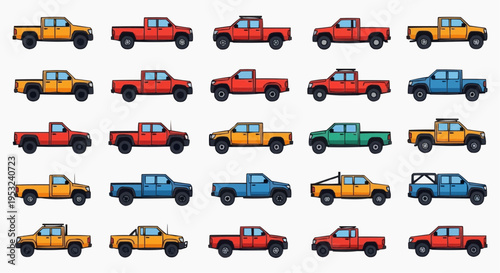 Collection of diverse pickup trucks, showcasing various colors and designs, perfect for automotive or transport related projects