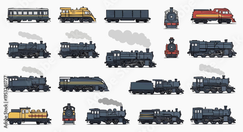 Collection of colorful train illustrations, suitable for transportation, travel and railway projects