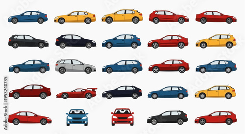 A colorful collection of various car models, each displayed in different colors and styles, showcasing a range of automotive design and variety