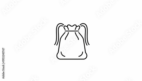 Simple drawstring bag icon, isolated on white background, line art, minimalist design