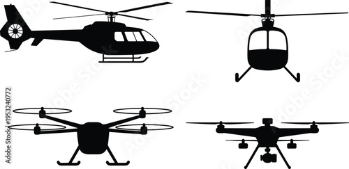 Helicopter and drone silhouette icons set featuring aerial vehicles quadcopter and chopper transport aviation vector illustration for design projects