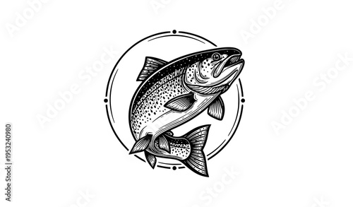 Vintage engraved trout fish mascot logo vector in circular badge style for fishing emblem design