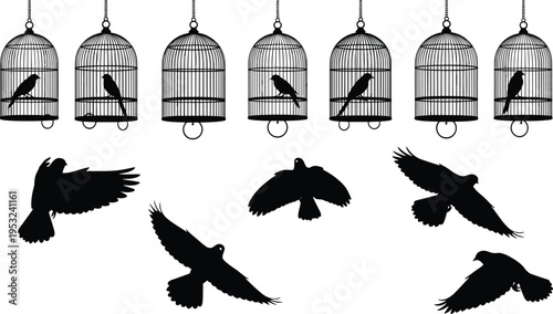 Bird cage and flying bird silhouettes set black vintage cages with perched birds and flying birds collection isolated on white background for design