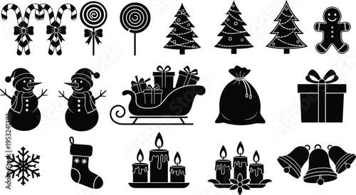 Christmas holiday icons set silhouette collection including tree snowman gifts candy cane candles bells and festive decorations isolated on white background for winter design concept