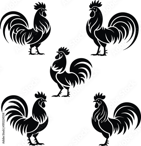 Rooster silhouette vector set farm chicken illustrations black decorative birds isolated rustic design vintage style poultry clipart collection