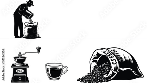 Coffee production and brewing silhouettes farmer pouring beans grinder cup and coffee bag set isolated on white background for cafe design and beverage concept