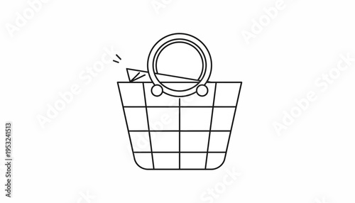 Shopping basket with handle and a small item, minimalist line art icon