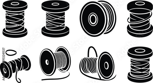 Set of thread spool vector illustration sewing bobbin yarn reel textile equipment silhouette collection design isolated on white background