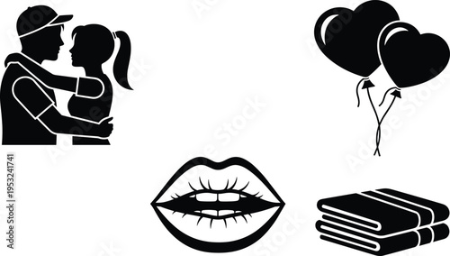 Love and romance silhouette set couple hugging heart balloons lips and books icons collection isolated on white background for Valentine design and relationship concept