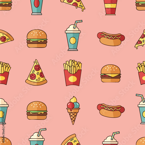 A flat lay illustration of various fast food items and drinks on a pink background with a playful and colorful mood.