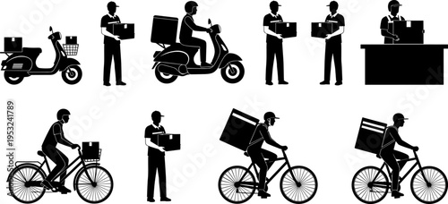 Vector illustration of delivery service workers in various poses, riding scooters and bicycles, carrying packages, and at a counter, representing express shipment logistics and e-commerce