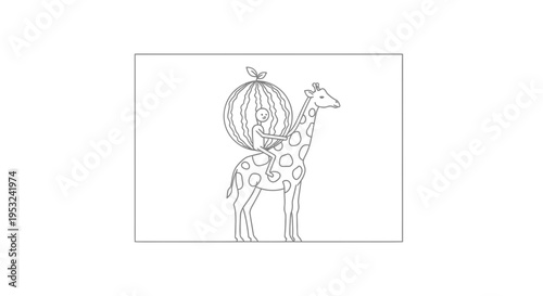 Whimsical Giraffe Carrying Child and Watermelon on Back