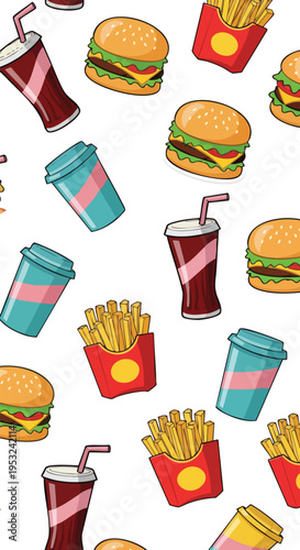 Colorful fast food pattern with burgers, fries, and drinks on a white background in a flat lay composition with vibrant colors.