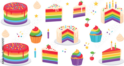 Colorful rainbow cake and cupcake collection with sprinkles candles strawberries and cherries for birthday celebration party vector illustration