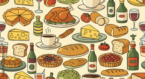 Flat lay illustration of various food and drink items including wine cheese bread and desserts on a beige background with a festive mood.