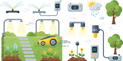 Smart gardening technology system with robotic lawn mower automated irrigation sprinklers outdoor lighting and weather sensors vector illustration