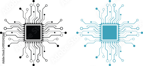 Circuit board design with microchip and wires in black and teal
