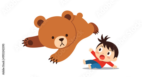 Bear attacking boy, vector illustration, cartoon style graphic for children's books and educational materials