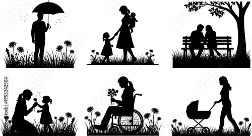 Vector illustration set of black silhouettes depicting diverse family and relationship scenes, including parents, children, couples, and a disabled woman, set outdoors in grass and nature