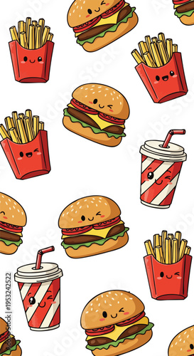 A colorful pattern of cartoon-style fast food items including burgers, fries, and soda cups on a white background with a playful and fun mood.