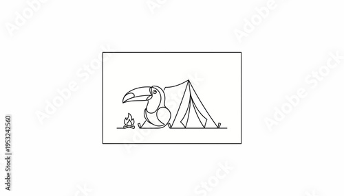 Toucan Camping Adventure: One Line Art of Bird, Tent, and Campfire