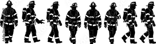 Vector illustration set of black silhouettes depicting professional firefighters walking in full protective uniform, symbolizing emergency rescue, public safety, 
