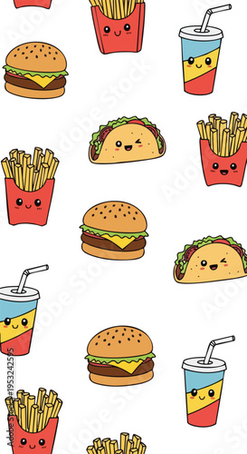 Flat lay of various cartoon fast food items including burgers, tacos, fries, and drinks on a white background with a playful composition.