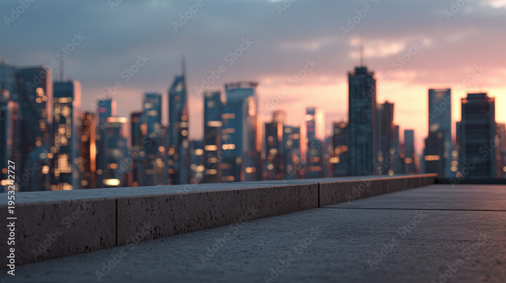 Obraz premium Rooftop concrete ledge sunset city skyline twilight urban skyline evening terrace skyline rooftop concrete ledge sunset city skyline twilight urban terrace view from low rooftop with warm lights
