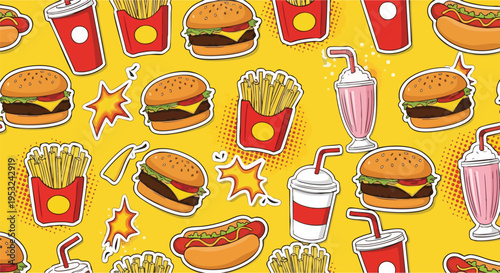 Vibrant pattern of fast food items including burgers, fries, and drinks on a bright yellow background with cartoon-style illustrations.
