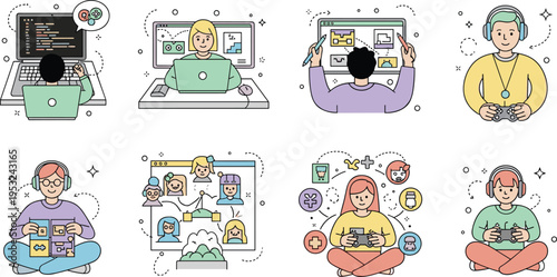 Digital lifestyle vector set featuring programmers designers and gamers working on laptops and playing video games in flat line art style